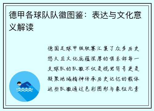 德甲各球队队徽图鉴：表达与文化意义解读