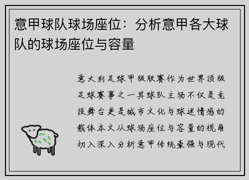 意甲球队球场座位：分析意甲各大球队的球场座位与容量